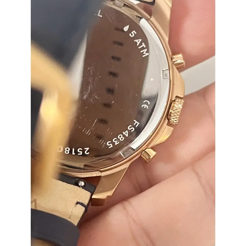 Fossil FS4835 Chronograph 44mm Rose Gold Steel Watch Navy Leather